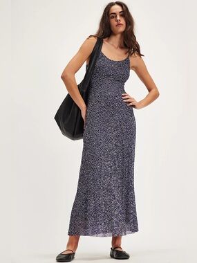 Free People Zoey Navy Micro-Print Slip Maxi Dress